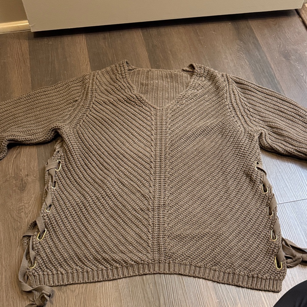 Olive Green V-Neck Sweater with Side Ties